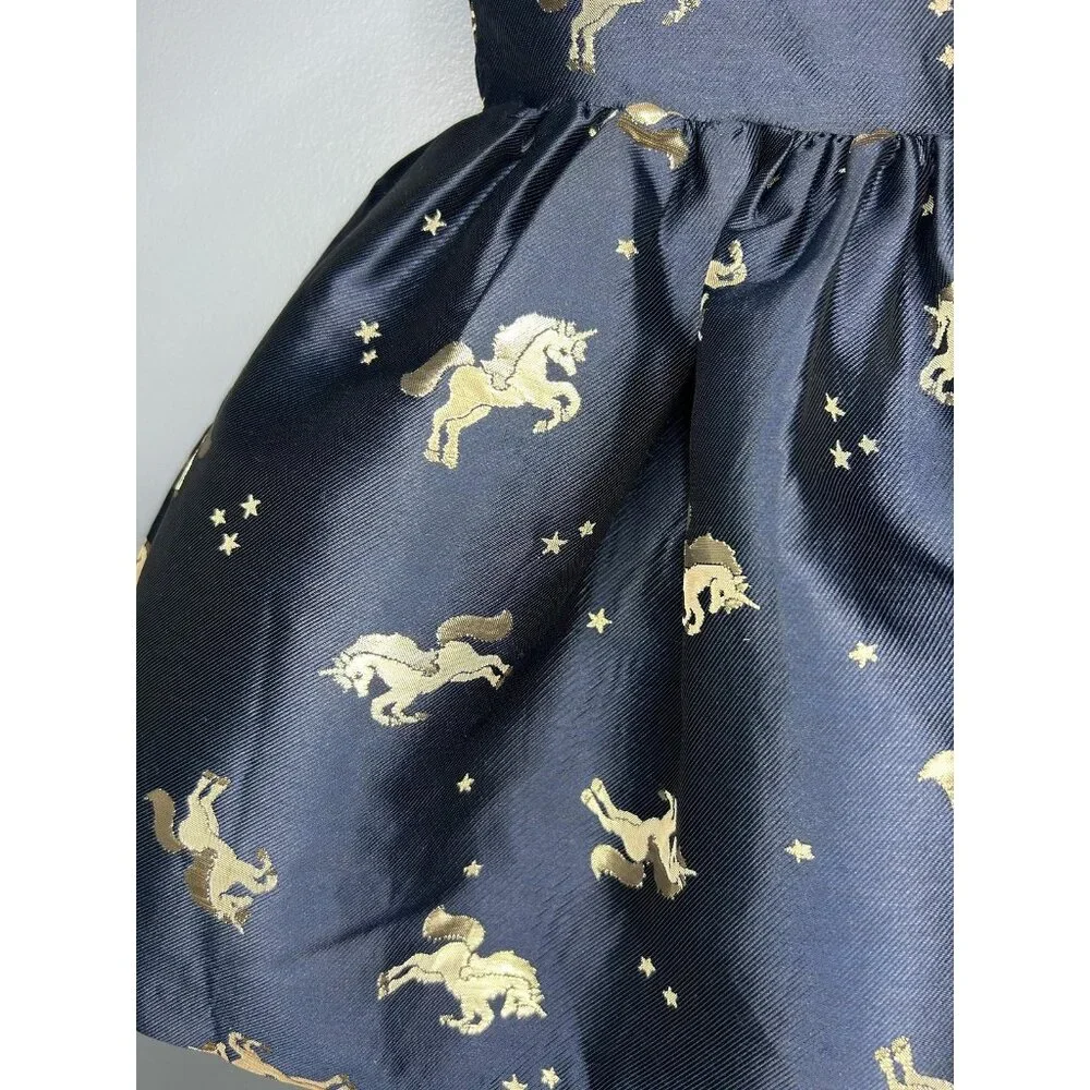 H&M Dress Girls 2-3Y Navy Blue Gold Unicorn Star Print Sleeveless Party‎ Formal